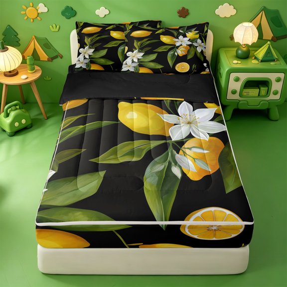 Homewish Tropical Fruit Zipper Twin Comforter Sets with Fitted Sheet and 2 Pillowcases,Lemon Blossom Leaf Zipper Bedding Set For Adults,Black Reversible,4 Pieces