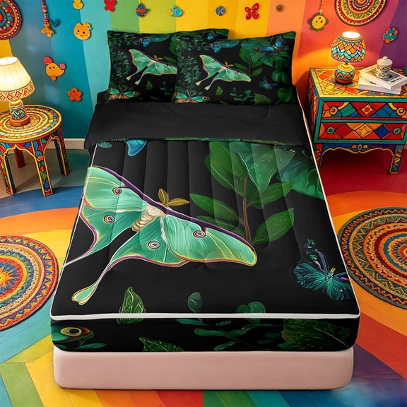 Homewish Tropical Luna Moth Leaf Zipper Queen Comforter Set with Fitted Sheet and 2 Pillowcases,Green Butterfly Jungle Nature Zipper Bedding Set For Adults,Black Reversible,4 Pieces