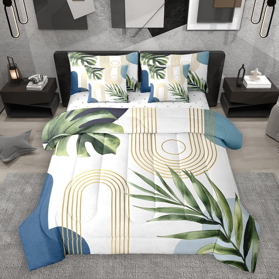 Homewish Tropical Monstera Leaf 7-Piece Bedding Comforter Set,Gold Geometric Stripes King Bedding Sets,White Green Blue Bed Sheets For Girl,Breathable Home Decor Reversible