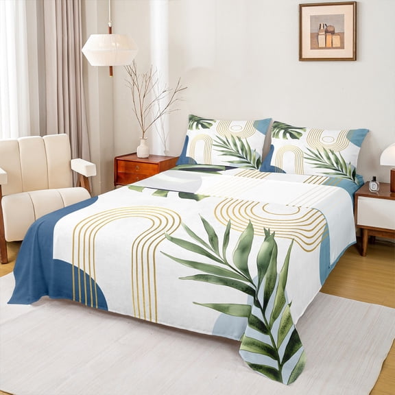 Homewish Tropical Monstera Leaf Bed Sheets,Gold Geometric Stripes King Sheets,White Green Blue Sheet Set For Girl,4 Pieces