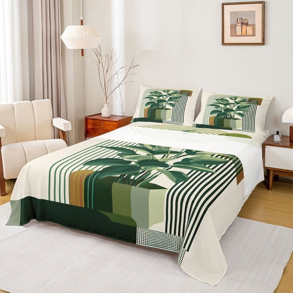 Homewish Tropical Monstera Leaf Twin Sheet Set,Modern Geometric Striped Green Beige,Cozy Decor For Adults,3-Piece
