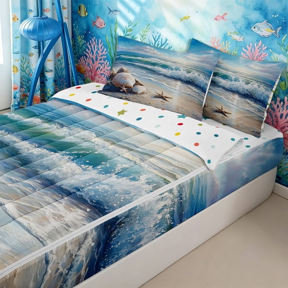 Homewish Tropical Ocean Beach Zipper Twin Comforter Sets with Fitted Sheet and 2 Pillowcases for Boys Girls,Teens Coastal Starfish Shell Zipper Bedding Set,4-Piece