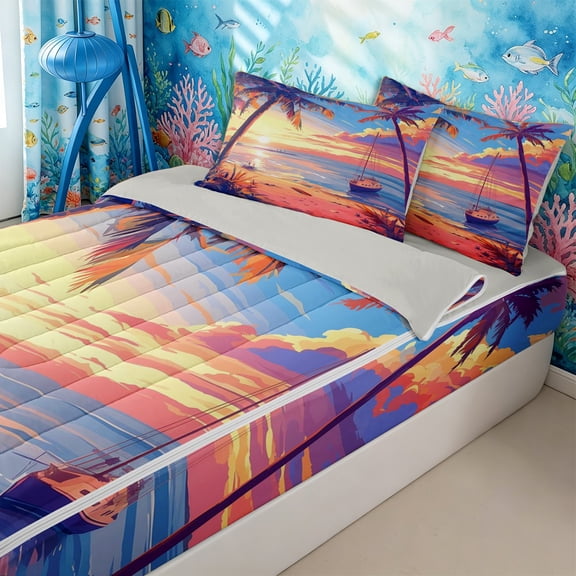 Homewish Tropical Ocean Beach Zipper Twin Comforter Sets with Fitted Sheet and 2 Pillowcases for Boys Girls,Teens Summer Holiday Zipper Bedding Set,4-Piece,Grey Reversible