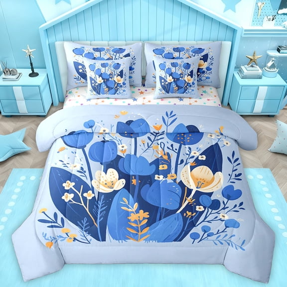 Homewish Tulip Groovy Floral Bedding Comforter Set 7pcs, Cartoon Rustic Botanical King Bedding Sets, Retro Artwork Style Reversible Bed Sheets, Super Cozy Room Decor