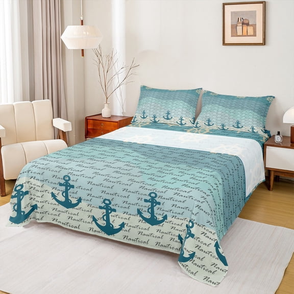 Homewish Turquoise Anchor Print Twin Sheet Sets for Kids, Ocean Marine Rudder Twin Fitted Sheet, Nautical Theme Flat Sheet, Luxury Bedroom Decor, 3-Piece
