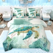 Homewish Turquoise Sea Turtle Twin Bedding Sets 7-Piece, Watercolor Ink Coral Bedding Comforter Set, Teens Kids Boys Girls Reversible Sheet Sets, Breathable Home Decor