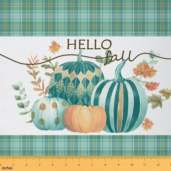 Homewish Turquoise Stripes Pumpkin Fabric by the Yard 2 Yards, Hallow Fall Autumn Sewing Fabric, Vintage Buffalo Plaid Fabric for Sewing, Luxury Bedroom Decor