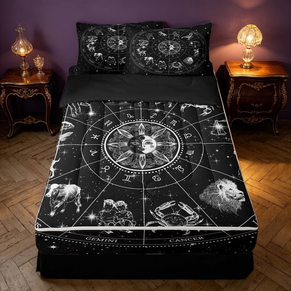 Homewish Twelve Constellations Zipper Twin Comforter Sets with Fitted Sheet and 2 Pillowcases, Boho Astrology Horoscope Zipper Bedding Set, Black Reversible
