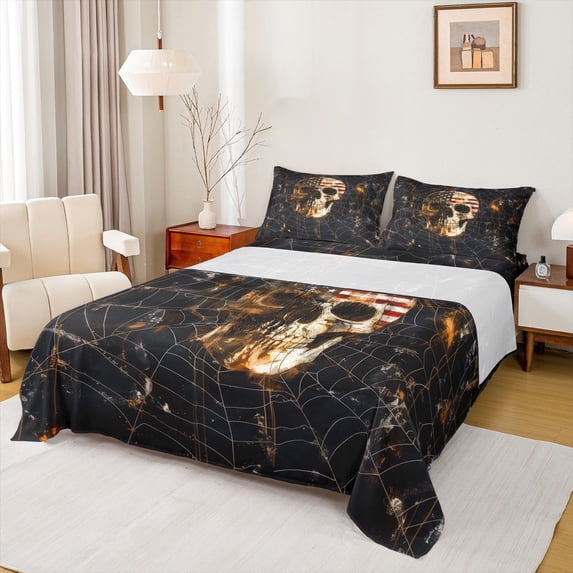 Homewish USA Flag Skull Bed Sheets,Halloween Spider Web Full Size Sheets,Cream Black,4-Piece,1 Flat Sheet, 1 Fitted Sheet and 2 Pillowcases