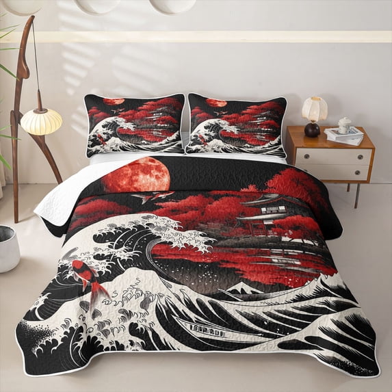 Homewish Ukiyo e E Wave Twin Quilt Set,Japanese Style Twin Coverlet Set,Black Red White,2pcs