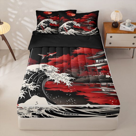 Homewish Ukiyo e E Wave Zipper Twin Comforter Sets with Fitted Sheet and 2 Pillowcases,Japanese Style Zipper Bedding Set,Black Red White,Black Reversible,4pcs