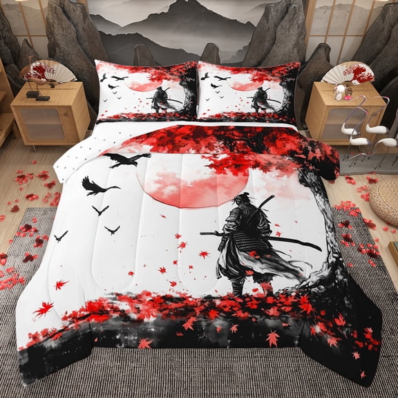 Homewish Ukiyoe Style Bedding Comforter Set,Jalan Samurai Twin Comforter Sets,Red Maple Laves Bedding Set For Men Women,Super Cozy Room Decor Reversible,2-Piece