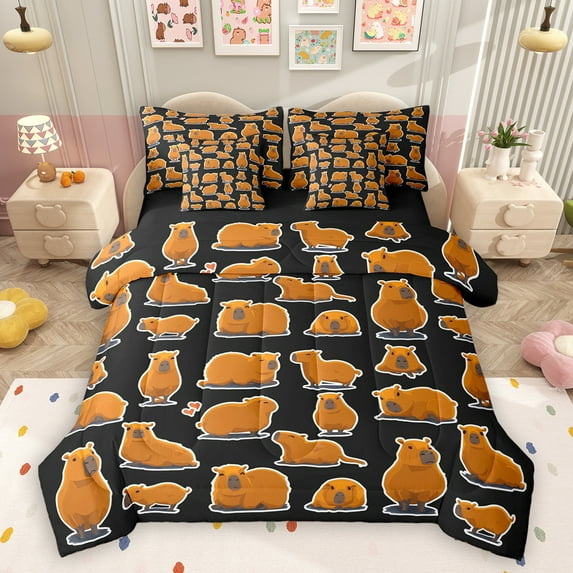 Homewish Underwater Animal Capybara 7-Piece Twin Bedding Sets,Brown Black Bedding Comforter Set,Lovely Kapibara Sheet Sets For Kids,Luxury Bedroom Decor Reversible