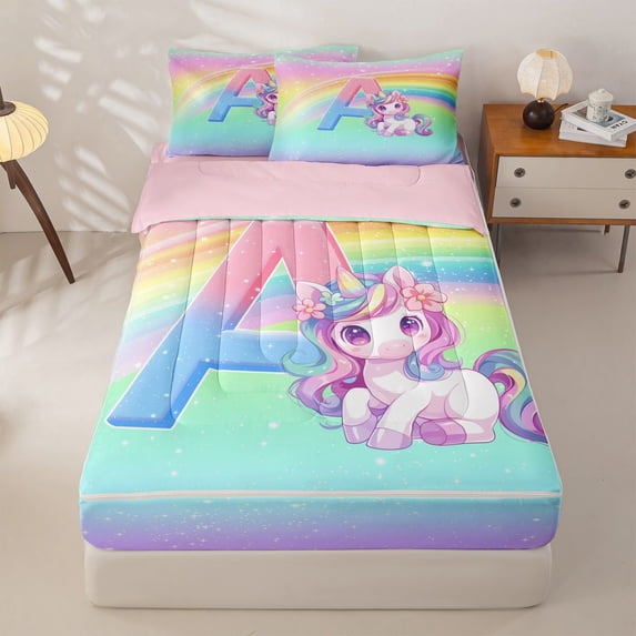 Homewish Unicorn Girls Zipper Twin Comforter Sets with Fitted Sheet and 2 Pillowcases,Colorful Ombre A Alphabet Zipper Bedding Set For Kids,Pink Reversible,4 Pieces
