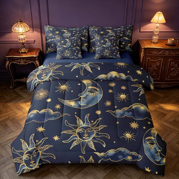 Homewish Univers Moon Sun Twin Bedding, Psychedelic Stars Bedding Comforter Set, Navy Blue Reversible 7-Piece