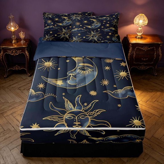 Homewish Univers Moon Sun Zipper Twin Comforter Sets with Fitted Sheet and 2 Pillowcases, Psychedelic Stars Zipper Bedding Set, Navy Blue Reversible