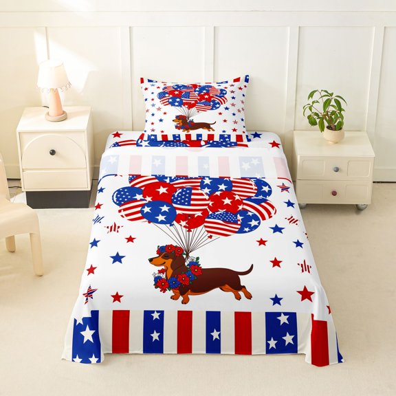 Homewish Us Flag Dachshund Dog Twin Sheets,Balloons Stars Bedding,Festive Theme Decor,3 Pieces,1 Fitted Sheet and 1 Pillowcase
