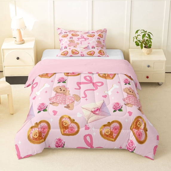 Homewish Valentine Dog Twin Comforter Sets,Kawaii Pet Theme Bedding Set,Pink Ribbon Bow Decor,Pink Reversible,2 Pieces,1 Comforter and 1 Pillowcase