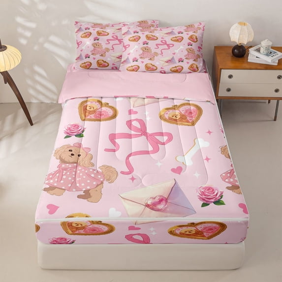 Homewish Valentine Dog Zipper Twin Comforter Sets with Fitted Sheet and 2 Pillowcases,Kawaii Pet Theme Zipper Bedding Set,Pink Ribbon Bow Decor,Pink Reversible,4pcs