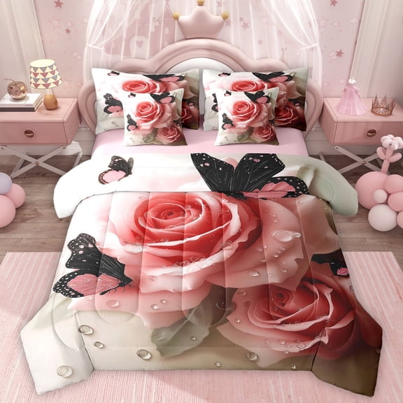 Homewish Valentine'S Day Rose 7-Piece Twin Bedding Sets,Boho Rustic Butterflies Bedding Comforter Set,Pink Flower Floral Sheet Sets For Men Women,Luxury Bedroom Decor Reversible