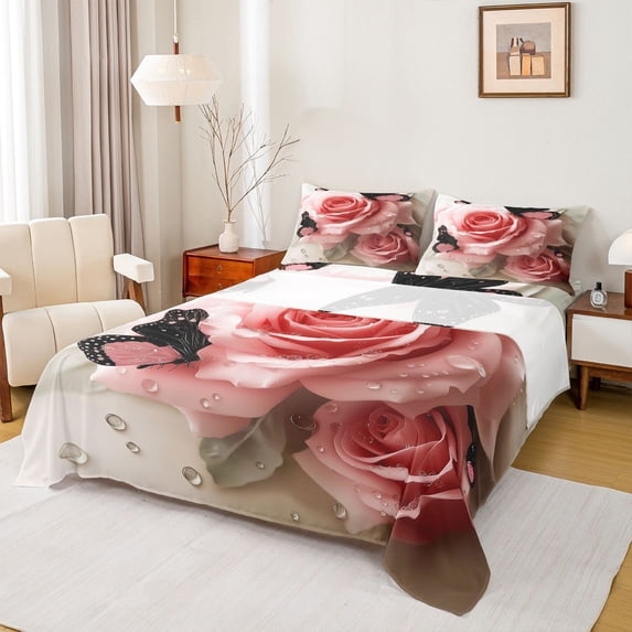 Homewish Valentine'S Day Rose Bed Sheets,Boho Rustic Butterflies King Sheets,Pink Flower Floral Sheet Set For Men Women,Luxury Bedroom Decor,4pcs