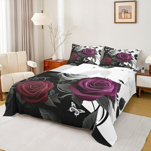 Homewish Valentine'S Day Rose Queen Sheet Sets,Vintage Gothic Butterflies Flat Sheet,Red Flower Floral Queen Fitted Sheet For Men Women,Luxury Bedroom Decor,4pcs