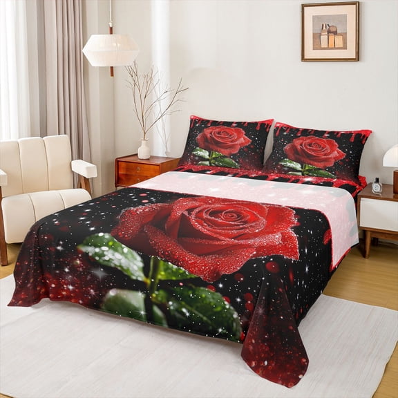 Homewish Valentine'S Day Rose Twin Sheet Sets,Romance Flower Floral Twin Fitted Sheet,Black Red 03 For Men Women,Luxury Bedroom Decor,3 Pieces
