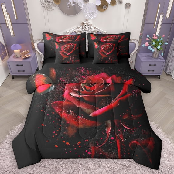 Homewish Valentine'S Day Theme 7-Piece Bedding Comforter Set,Romantic Red Rose King Bedding Sets,Chic Flower Floral Bed Sheets For Adults,Ultra Soft Home Decor Reversible