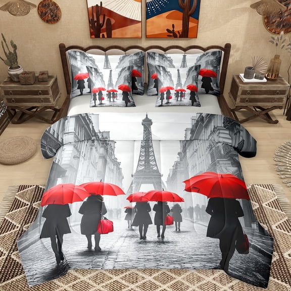 Homewish Valentine'S Day Theme 7 Pieces Bedding Comforter Set,Paris Eiffel Tower Full Bedding Set,Red Gray Fitted Sheet Flat Sheet For Kids,Luxury Bedroom Decor Reversible