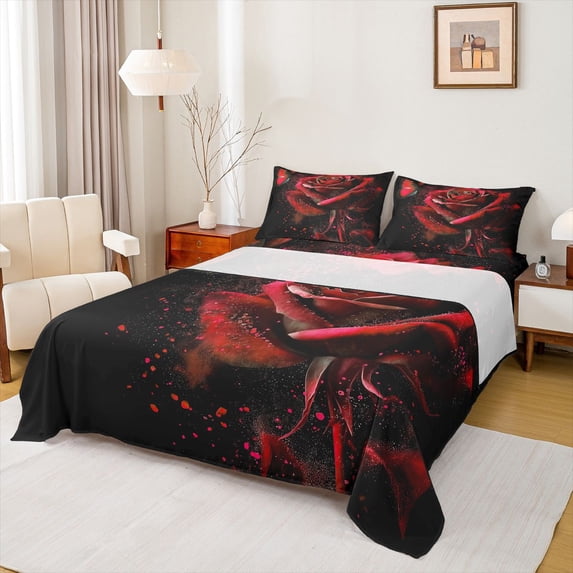 Homewish Red Rose Chic King 4-Piece Reversible Adults Romantic Valentine Floral Sheet Set