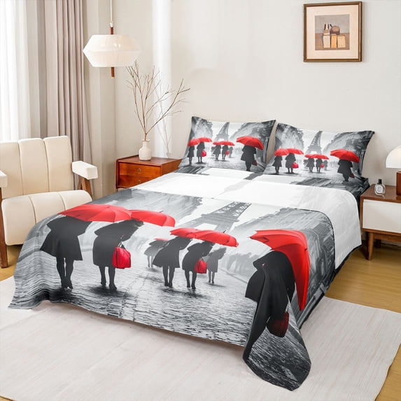 Homewish Valentine'S Day Theme Twin Sheet Sets,Paris Eiffel Tower Twin Fitted Sheet,Red Gray Flat Sheet For Kids,Luxury Bedroom Decor,3 Pieces