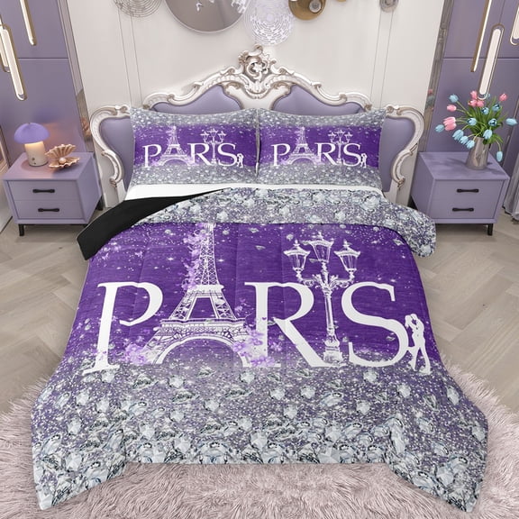 Homewish Valentine's Day 3 Pieces Queen Comforter Set for Female Men Adults,Bling Glitter Ultra Soft Bedding Sets,Paris Eiffel Tower Bedding Comforter Set Breathable,Breathable Home Decor,Reversible