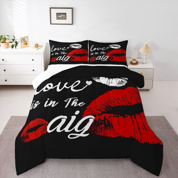 Homewish Valentine's Day Bedding Comforter Set 2pcs for Female Men Adults,Black Red Twin Comforter Sets Microfiber,Romantic Couple Lover Breathable Bedding Set,Breathable Home Decor