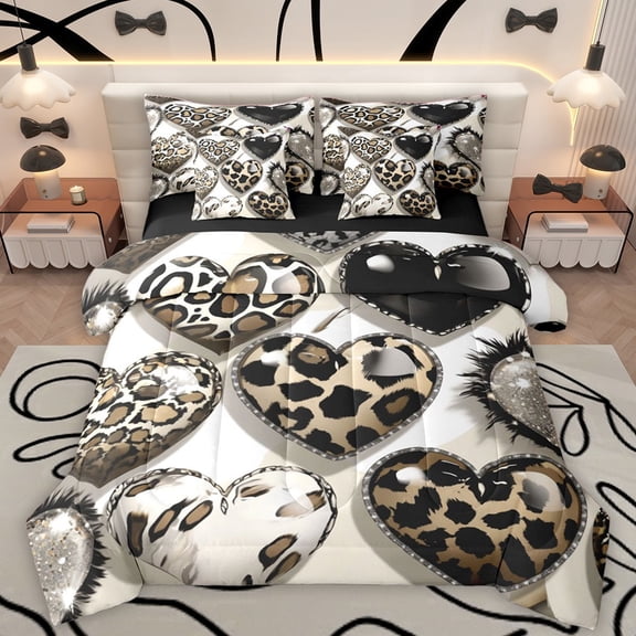 Homewish Valentine's Day Bedding Comforter Set 7 Pieces for Children Teens Girls,Leopard Cheetah Print Full Bedding Set Lightweight,Abstract Animal Print Fitted Sheet Flat Sheet,Luxury Bedroom Decor