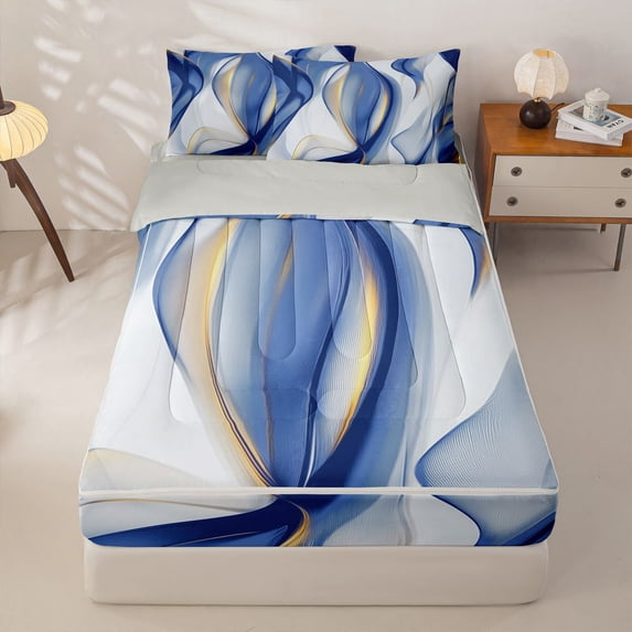 Homewish Vertical Wavy Ribbon Zipper Queen Comforter Set with Fitted Sheet and 2 Pillowcases,Contemporary Aesthetic Zipper Bedding Set,Blue Gold,Light Gray Reversible,4pcs