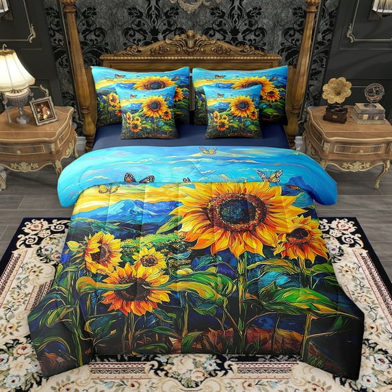 Homewish Vibrant Farmhouse Sunflower Bedding Comforter Set 7pcs, Retro Western Artwork King Bedding Sets, Countryside Reversible Bed Sheets, Breathable Home Decor