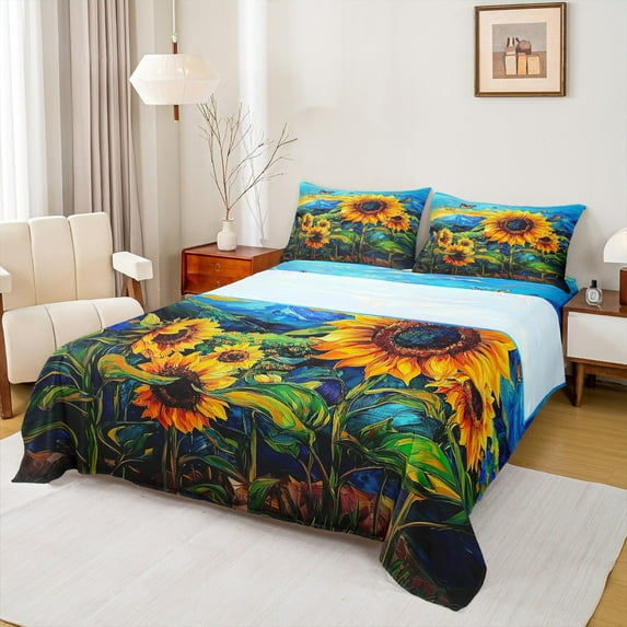 Homewish Vibrant Farmhouse Sunflower Twin Sheet Sets, Retro Western Artwork Twin Fitted Sheet, Countryside Flat Sheet, Breathable Home Decor, 3-Piece