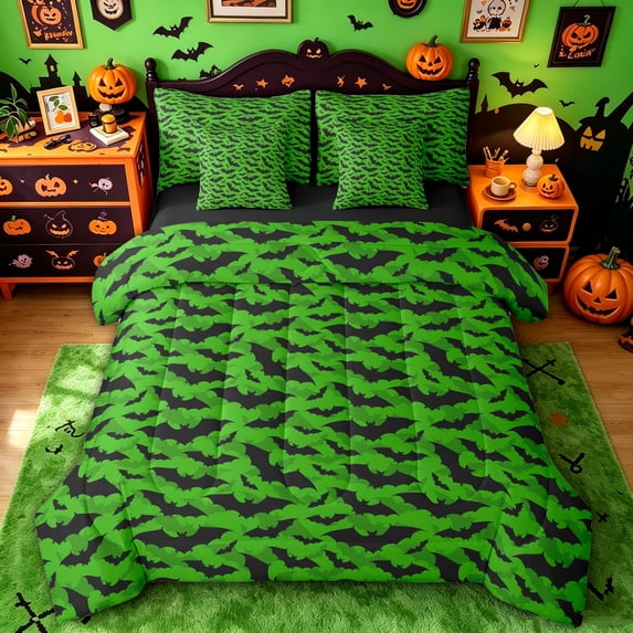 Homewish Vibrant Green Bat Camo Print King Bedding for Kids, Halloween Animal King Bed in a Bag, Black Reversible, 7 Pieces