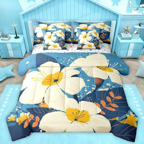 Homewish Vibrant Groovy Floral Bedding Comforter Set 7pcs, Cartoon Rustic Botanical Queen Bedding Sets, Retro Watercolor Reversible Queen Sheet Sets, Breathable Home Decor