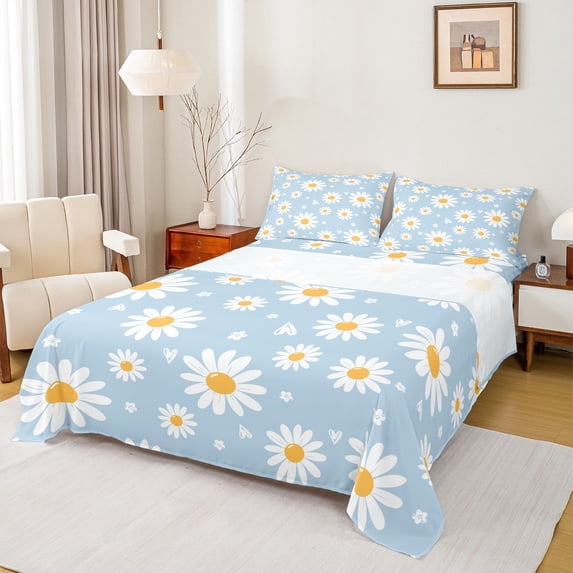 Homewish Vibrant Groovy Flower Queen Sheet Sets for Teens, Cartoon Daisy Floral Flat Sheet, Love Heart Queen Fitted Sheet, Luxury Bedroom Decor, 4 Pieces