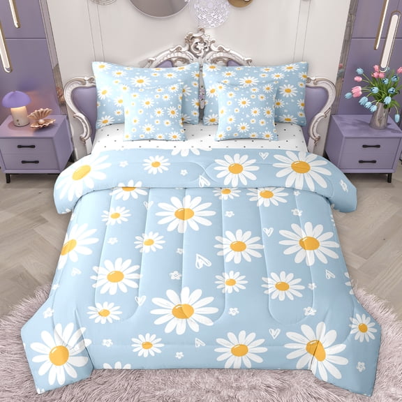 Homewish Vibrant Groovy Flower Twin Bedding Sets 7-Piece for Teens, Cartoon Daisy Floral Bedding Comforter Set, Love Heart Reversible Sheet Sets, Luxury Bedroom Decor