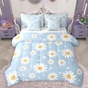 Homewish Vibrant Groovy Flower Twin Bedding Sets 7-Piece for Teens, Cartoon Daisy Floral Bedding Comforter Set, Love Heart Reversible Sheet Sets, Luxury Bedroom Decor