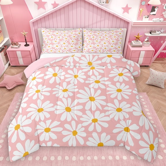 Homewish Vibrant Pink Flower Bedding Comforter Set for Kid, Groovy Daisy Floral Twin Comforter Sets, Kawaii Cartoon Theme Reversible Bedding Set, Microfiber Bedroom Decor, 2-Piece