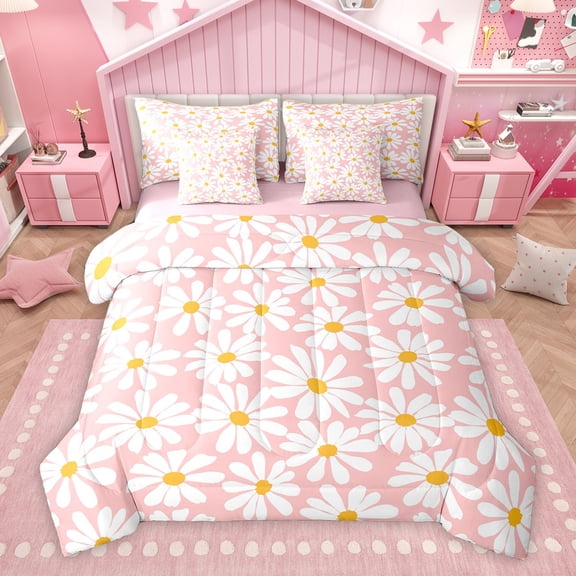 Homewish Vibrant Pink Flower Twin Bedding Sets 7-Piece for Kid, Groovy Daisy Floral Bedding Comforter Set, Kawaii Cartoon Theme Reversible Sheet Sets, Microfiber Bedroom Decor