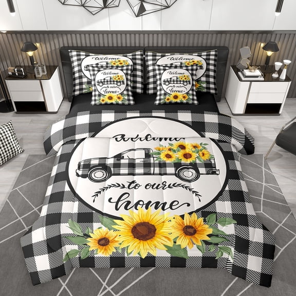 Homewish Vibrant Rustic Sunflower Bedding Comforter Set 7pcs for Kid, Black White Buffalo Plaid King Bedding Sets, Countryside Reversible Bed Sheets, Breathable Home Decor