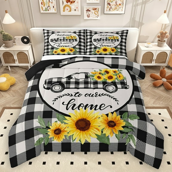 Homewish Vibrant Rustic Sunflower Full Size Comforter Sets for Kid, Black White Buffalo Plaid Bedding Comforter Set, Countryside Reversible Bedding Sets, Breathable Home Decor, 3-Piece