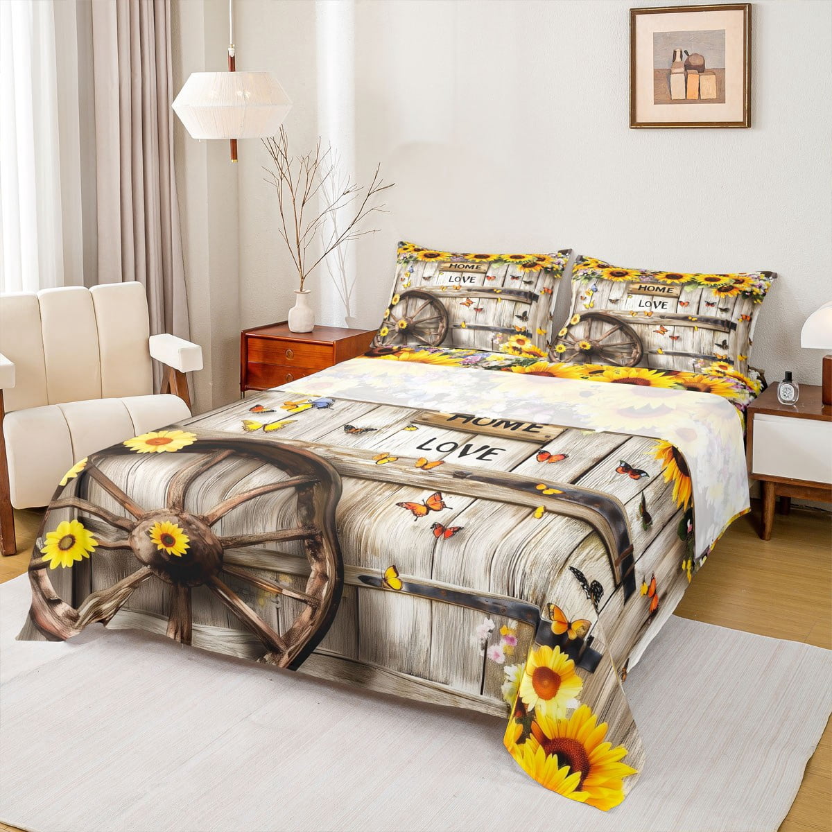 Homewish Vibrant Sunflower Floral Twin Sheet Sets for Kids, Rustic Wooden Plank Twin Fitted Sheet, Cartoon Butterfly Flat Sheet, Super Cozy Room Decor, 3 Pieces