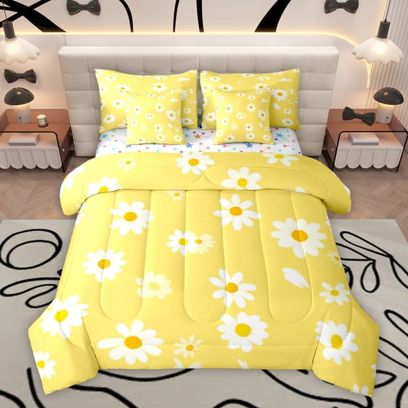 Homewish Vibrant Yellow Daisy Bedding Comforter Set 7pcs for Teen, Groovy Flower Floral King Bedding Sets, Cute Cartoon Theme Reversible Bed Sheets, Breathable Home Decor