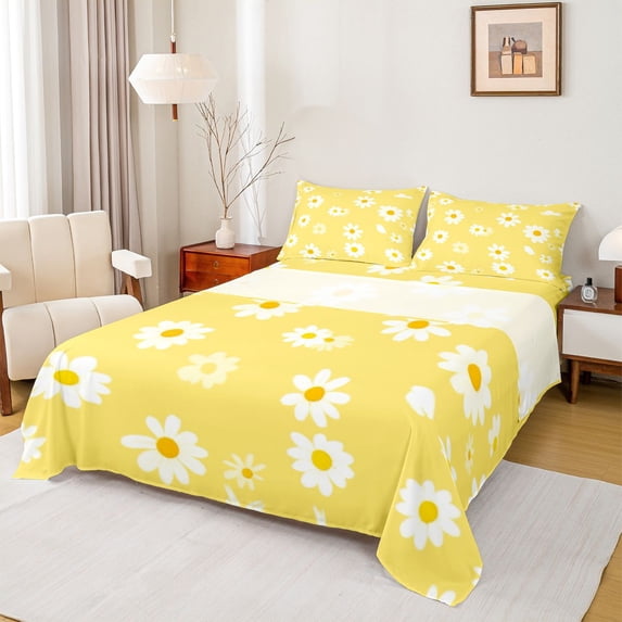 Homewish Vibrant Yellow Daisy Twin Sheet Sets for Teen, Groovy Flower Floral Twin Fitted Sheet, Cute Cartoon Theme Flat Sheet, Breathable Home Decor, 3pcs