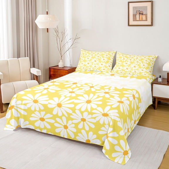 Homewish Vibrant Yellow Flower Twin Sheet Sets for Kid, Groovy Daisy Floral Twin Fitted Sheet, Kawaii Cartoon Theme Flat Sheet, Super Cozy Room Decor, 3-Piece